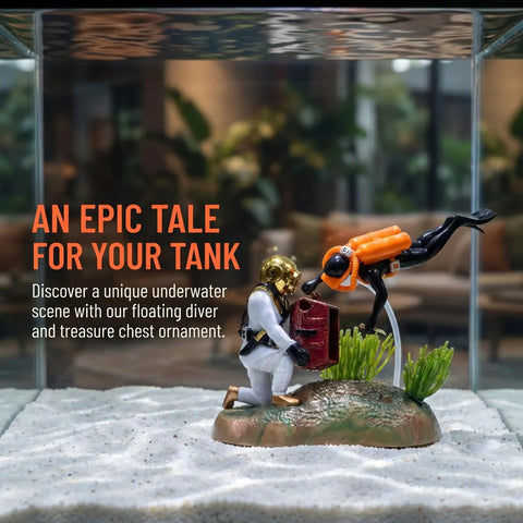 Floating Diver Treasure Chest Aquarium Ornament with diver and treasure scene in fish tank, unique underwater accessory
