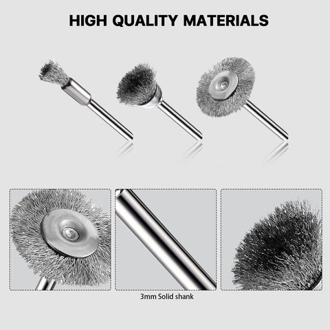 15 Piece Stainless Steel Wire Brush Kit For Dremel And Rotary Tools With Pen Shaped, Cup Shaped, And Wheel Shaped Bristles On A 1/8 Inch Mandrel shown
