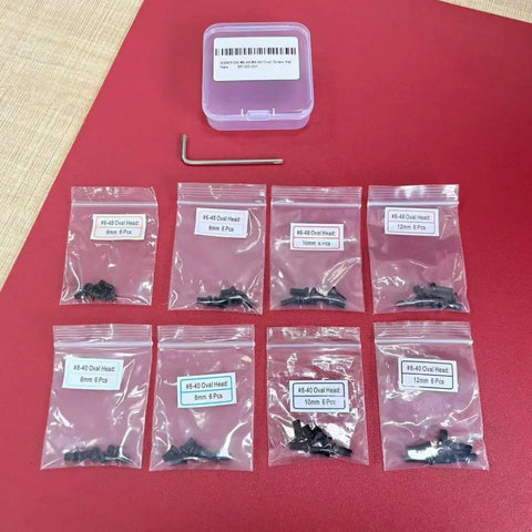 Torx Oval Head Screw Set For Precision Tools And Mounts, Includes 6-48 And 8-40 Screws In 8 Sizes With 6 Pieces Each At 6mm, 8mm, 10mm And 12mm Lengths, Includes Torx T10 Wrench.
