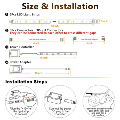 Diagram of Under Cabinet LED Lighting Kit With 20 Foot Run, Six Dimmable Strip Lights From 2700K Warm White To 6500K Daylight showing components and installation steps.