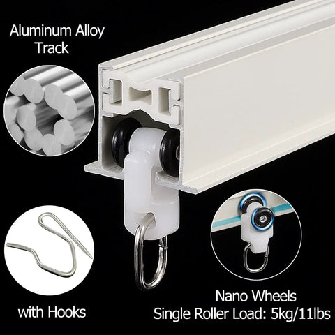 Curved Curtain Track System Extra Long Heavy Duty Recessed Ceiling Rod For Bay Windows Showers And Room Dividers Built Tough Aluminum Track Easy To Cut To Fit Weather Resistant With Smooth Single Roller Hooks, aluminum track with hook and roller detail