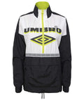 Front view of Women Color Block Pullover Jacket Black White Dope Throwback Vibe Crinkle Nylon With Mesh Lining, half zip closure.
