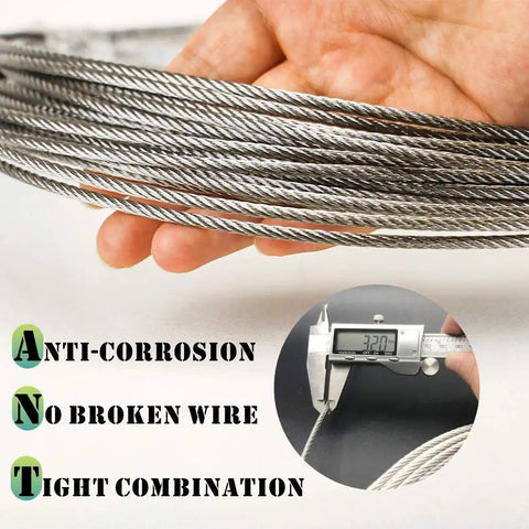 Close-up of hand holding 316 Stainless Steel Aircraft Cable Rope One Eighth Inch 7 By 7 Construction with caliper measurement