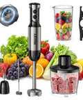 Tough As Nails Handheld Immersion Blender With Twenty Speed Settings And Turbo Boost 1200W hand mixer with mixing cups and fresh ingredients.