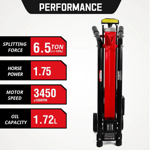 Do It All 2 In 1 Electric Log Splitter And Wood Chipper Bundle showing 6.5 ton force, 1.75 HP, 3450 RPM, 1.72L oil capacity