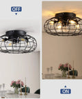 15.7" Flush Mount Caged Ceiling Fan with Light, Industrial Reversible 6-Speed DC Fan with Remote, Black Wire Cage Ceiling Fan, E12 Light Sockets (Bulbs Excluded) for Indoor Bedroom Kitchen shown on and off.