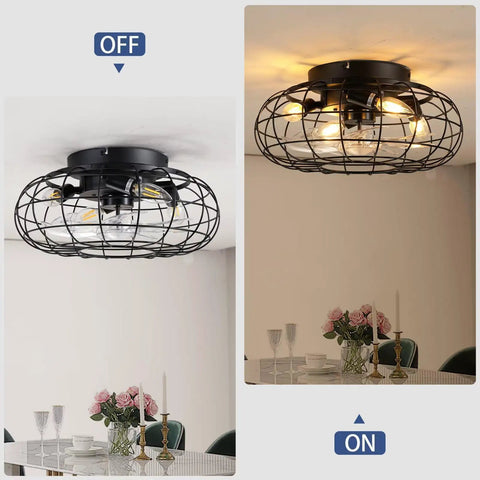 15.7" Flush Mount Caged Ceiling Fan with Light, Industrial Reversible 6-Speed DC Fan with Remote, Black Wire Cage Ceiling Fan, E12 Light Sockets (Bulbs Excluded) for Indoor Bedroom Kitchen shown on and off.
