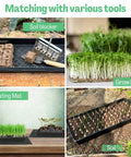 Heavy-Duty 1020 Seed Tray Set With Mesh And No-Hole Trays, 5 Pack shown with soil blocker, sprouts, heating mat, and soil use