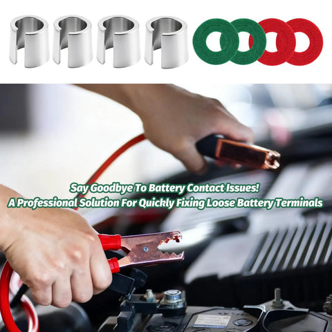 Set Of Four Car Battery Post Shims For Positive And Negative Terminals Repair Kit With Washers To Restore Tight Electrical Connection And Fix Hard Starts DIY Car Battery Accessories displayed with installation view and washers