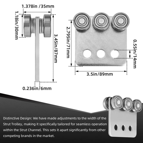 Beefy Six Wheel Trolley Assembly With Six Bearings For Unistrut Channel, front and side view with measurements in inches.