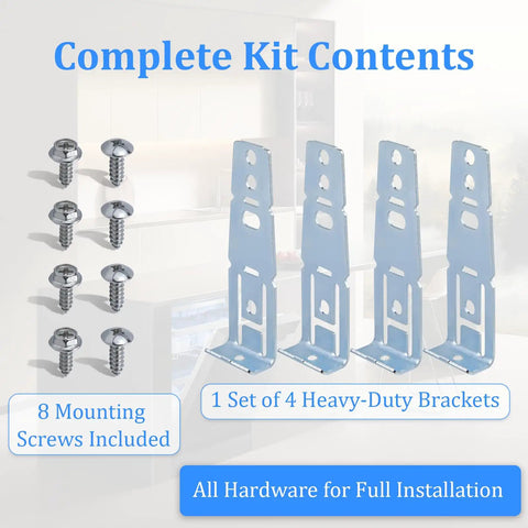 Heavy Duty Countertop Dishwasher Mounting Brackets, 4 Pack With Screws, showing four brackets and eight screws for dishwasher installation.