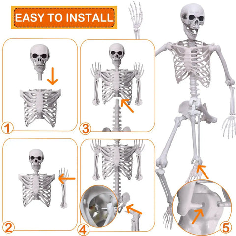 5.4Ft Life Size Halloween Skeleton With Movable Joints For Indoor Outdoor Setup Weather Resistant Full Body Prop assembly details