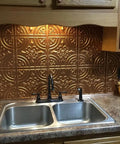 Kitchen backsplash with 2x2 ft wrought iron PVC tile glue up panels in antique silver, decorative design