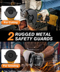 Compact 4 Inch Cordless Angle Grinder Built To Chip Away At Stubborn Metal, Smooth Grinding And Cutting, Lightweight Setup Perfect For Weekend Warriors, Quick Fixes, And Heavy Duty Grindjobs When You Need To Knock It Out with metal guards for cutting and grinding.