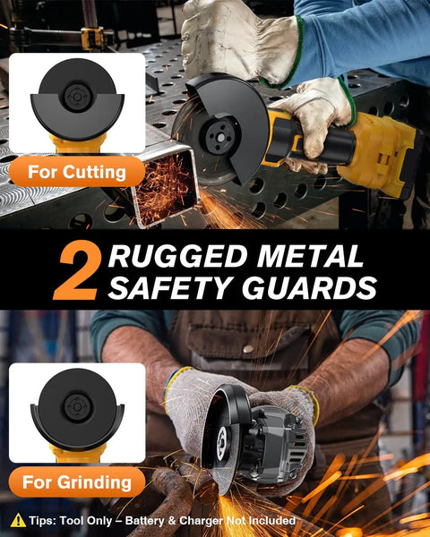 Compact 4 Inch Cordless Angle Grinder Built To Chip Away At Stubborn Metal, Smooth Grinding And Cutting, Lightweight Setup Perfect For Weekend Warriors, Quick Fixes, And Heavy Duty Grindjobs When You Need To Knock It Out with metal guards for cutting and grinding.