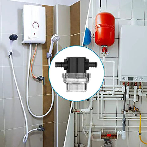 Installed Go-To Inline Water Pump Filter 3/8 Inch Hose Barb For Sprayers And High Pressure Cleaners, stainless steel screen, nylon shell