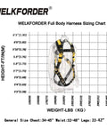 3D Rings Industrial Fall Protection Safety Harness With Leg Tongue Buckles And Shoulder Pad Support displayed on sizing chart