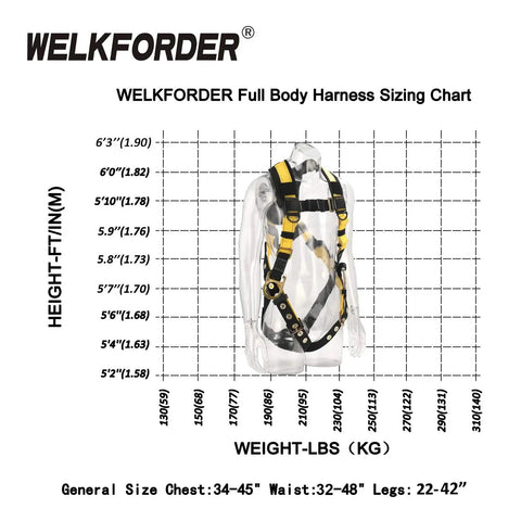 3D Rings Industrial Fall Protection Safety Harness With Leg Tongue Buckles And Shoulder Pad Support displayed on sizing chart