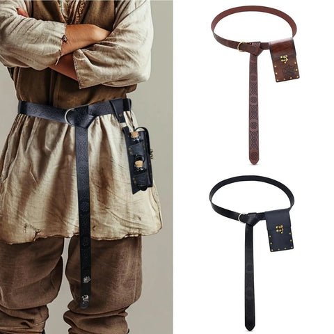 Badass Vintage Medieval Cosplay Belt For Men With Embossed Pu Leather Strap And Easy Adjust Buckle That Fits Snug And Looks Cool For Festivals Parties And Stage Wear. Two color options shown.