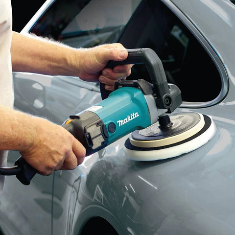 Person using 7-Inch Polisher With Pro Grade Variable Speed Dial and rubberized loop handle on car surface