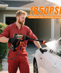 Portable Upgraded 1850 Psi Cordless Pressure Washer With Brushless Motor, Battery Powered Heavy Duty Car And Patio Cleaner in use.