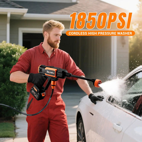 Portable Upgraded 1850 Psi Cordless Pressure Washer With Brushless Motor, Battery Powered Heavy Duty Car And Patio Cleaner in use.