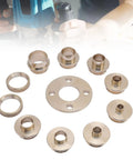 Pro Gear 11 Piece Router Template Guide Set With Solid Brass Bushings And Smart Adapter For Smooth Woodworking Repairs featuring various brass bushings and adapters.