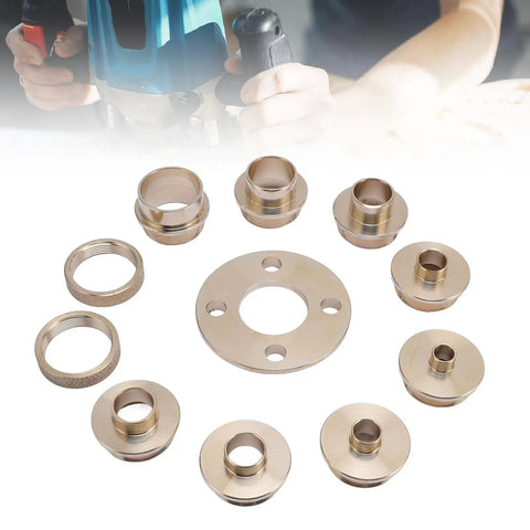 Workhorse Solid Brass Router Template Bushing Kit Offering Eight Tight Fit Sizes For Dead Straight Woodworking Routing, with various brass bushings.
