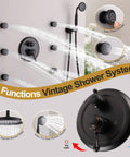 RomceBath Antique Oil Rubbed Bronze Rain Shower Head Faucet System with 6 Body Jet, vintage-style shower setup showing rainfall head.