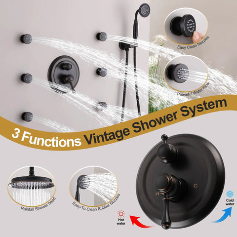 RomceBath Antique Oil Rubbed Bronze Rain Shower Head Faucet System with 6 Body Jet, vintage-style shower setup showing rainfall head.