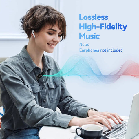 Woman using 64GB Bluetooth MP3 Player With Type C USB 2 In 1 Plug And Play Clip On Design at laptop, high fidelity music