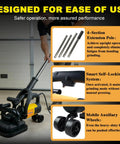 Four Head Concrete Grinder Set With Long Handle 4 Inch Diamond Wheels 3800W High Power 0 To 6000 RPM Concrete Floor Grinder Dust Extraction Shroud Auxiliary Wheels For Fast Concrete Cement Marble Grinding shown with extension pole, self-locking, and auxiliary wheels.
