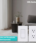 No Fuss Screwless 1 Gang Wall Plate Receptacle Cover Set 8 Pack Hidden Screws Glossy White Finish Standard 2.91 By 4.68 Inches UL Listed Modern Look That Fits Switches Dimmers Outlets And USB shown in living room setting with decor.