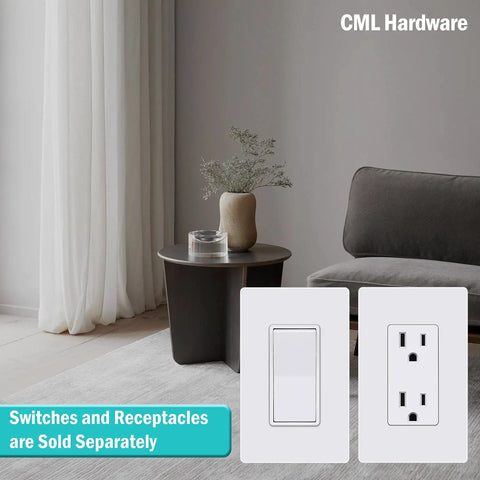 No Fuss Screwless 1 Gang Wall Plate Receptacle Cover Set 8 Pack Hidden Screws Glossy White Finish Standard 2.91 By 4.68 Inches UL Listed Modern Look That Fits Switches Dimmers Outlets And USB shown in living room setting with decor.
