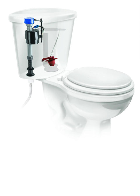 PerforMAX Universal High Performance Toilet Fill Valve and Flapper Repair Kit installed in open toilet tank