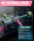 Illustration of Valve Core Removal Tool For HVAC Pro Grade Kit with labeled specs and dual force six-foot speed vacuum hose.