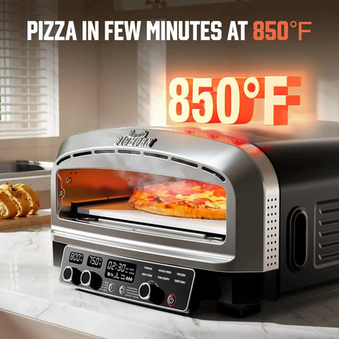 14-Inch Indoor Pizza Oven With 850°F High Heat, showing pizza cooking on stone, countertop design, PID temperature control panel