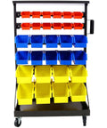 Front view of 6-Tier Dual-Sided Rolling Bin Rack with colorful plastic bins, heavy-duty steel frame, 350 lbs capacity, on casters.