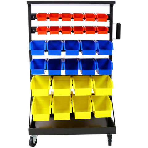 Heavy Duty Six Tier Dual Sided Rolling Bin Rack With Locking Caster Wheels And Sixty Plastic Parts Containers Plus Top Shelf For Garage Office Storage Flex