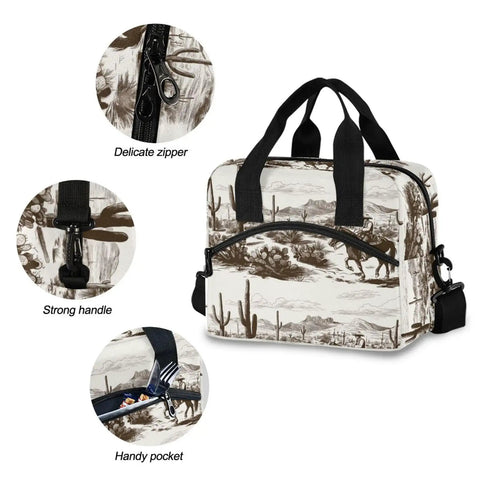 Desert Cowboy Insulated Cooler Bag 10L Leakproof Lunch Box with sturdy handle, zipper, pocket, featuring 300D Oxford fabric.