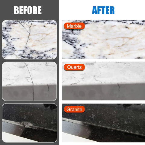 Before and after of All In One Ceramic Tile Repair Kit For Chips Cracks Scratches Dents And Holes On Ceramic Porcelain Tub Fiberglass Quartz Marble And More Easy Filler To Repair Dents And Cracks Fast on marble, quartz, granite surfaces.