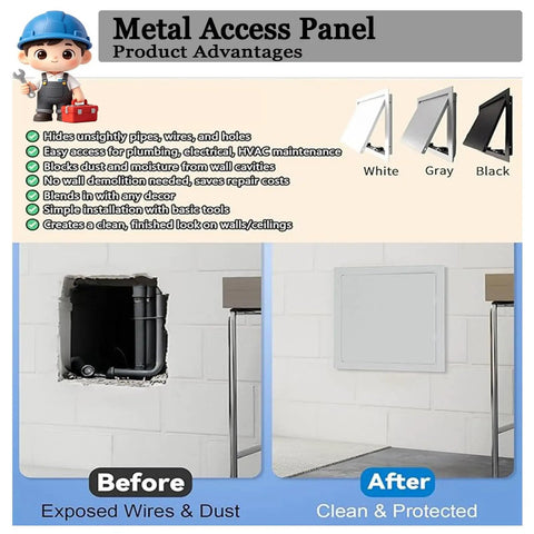 Metal access panel before and after installation, showcasing Heavy Duty 12X15 Inch Aluminum Access Panel For Drywall Walls.