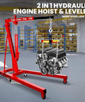 Built Tough Folding Engine Hoist With Quick Adjust Leveler And Rock Solid 6400 Lbs Alloy Steel Capacity lifting an engine in a shop.