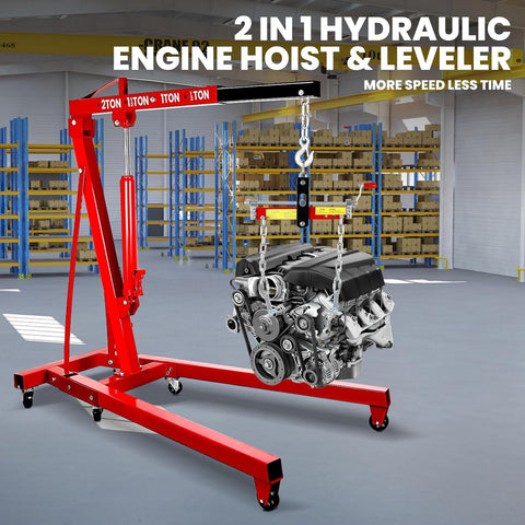 Built Tough Folding Engine Hoist With Quick Adjust Leveler And Rock Solid 6400 Lbs Alloy Steel Capacity lifting an engine in a shop.