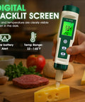 All In One PH Meter for Foodie Kitchens and Home Use with ATC and Backlit Display testing cheese with clear digital screen.