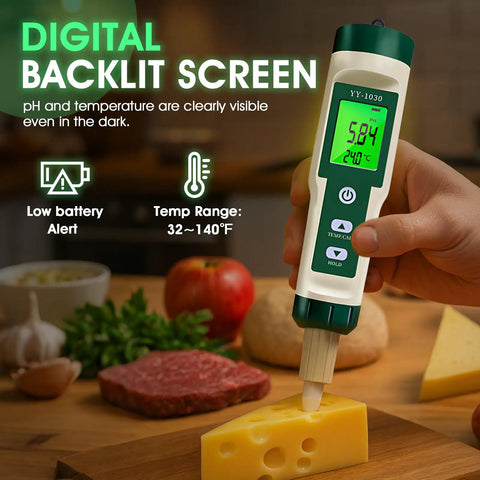 All In One PH Meter for Foodie Kitchens and Home Use with ATC and Backlit Display testing cheese with clear digital screen.