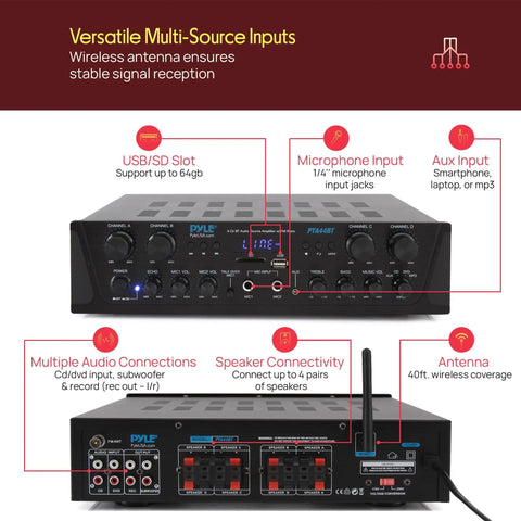 Front and rear view of a 4 Channel Bluetooth Audio Amplifier For Home Stereo And Karaoke Use With 500W Peak Power Dual Mic Inputs