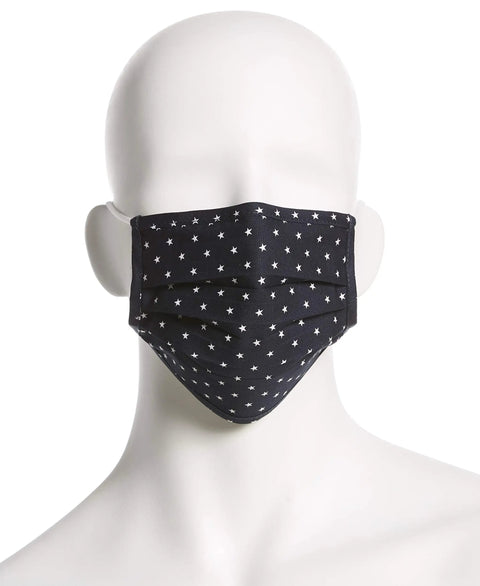 Mannequin wearing star-patterned mask from Six Pack Reusable Pleated Cloth Face Masks With Assorted Prints And Colors, One Size, Cotton, Washable, Non Medical Face Coverings For Everyday Use Ready For Travel.