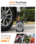 All-In-One Electric Inflation Pump For Inflatable SUP Kayak Boat Air Mattress And More inflating car tire, 60 PSI, on pavement
