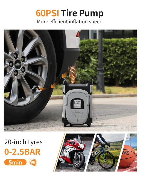 All-In-One Electric Inflation Pump For Inflatable SUP Kayak Boat Air Mattress And More inflating car tire, 60 PSI, on pavement
